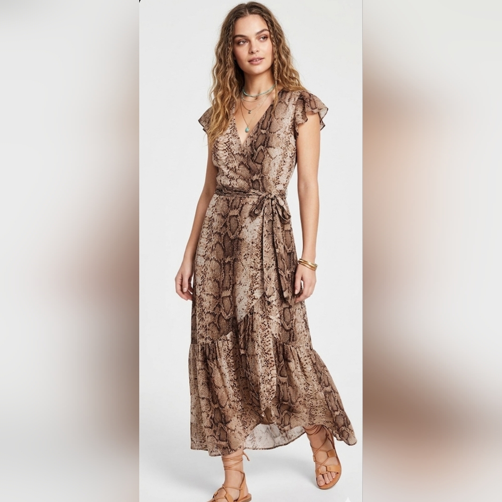Bar III Snakeskin Flutter Sleeve Faux Wrap Maxi Dress Size PS